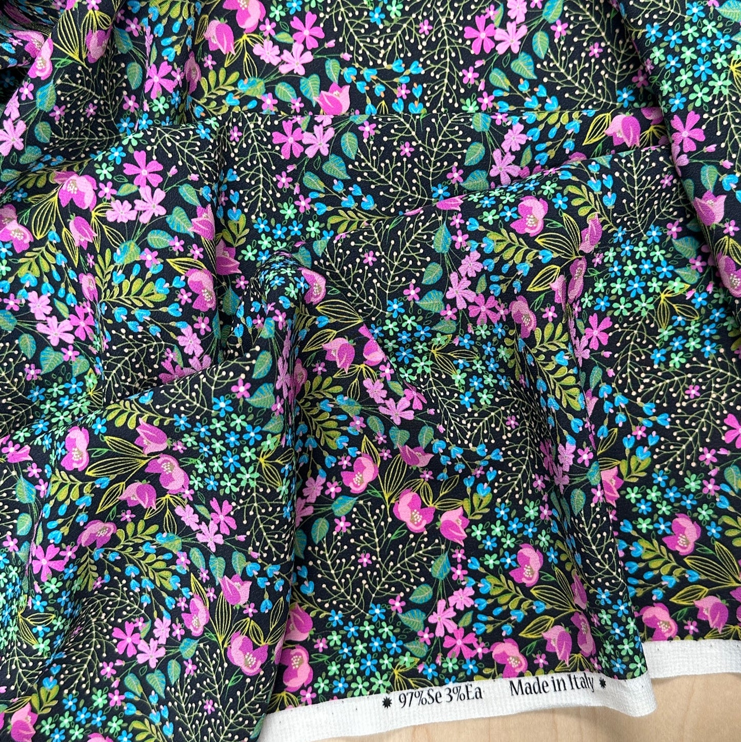 Ditsy Floral - Black & Pink Silk Georgette - Italian Deadstock