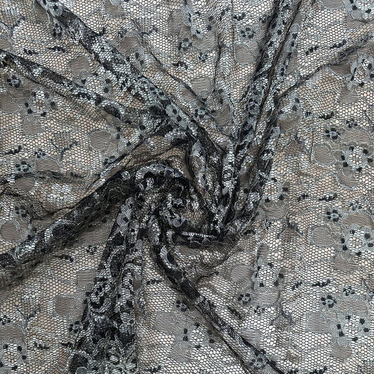 Gold and Black Nylon Floral Lace - Metallic Foil - Deadstock