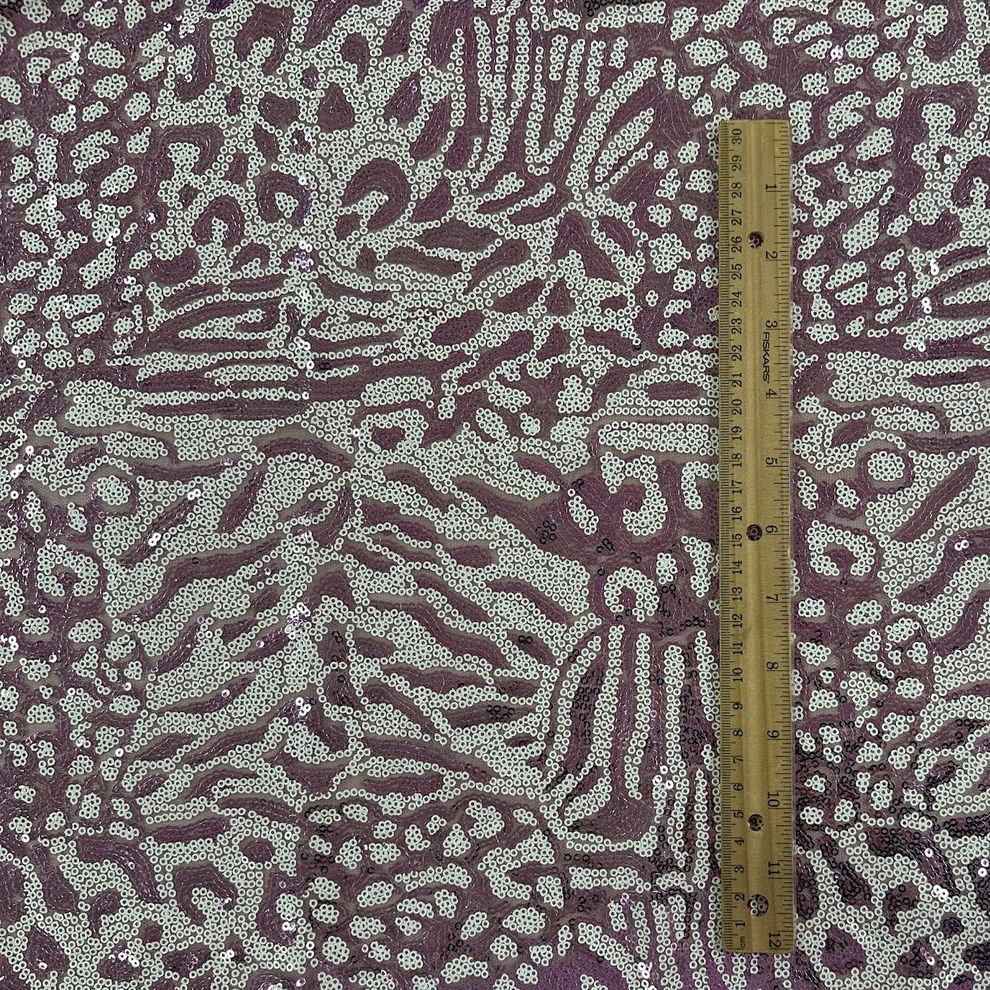 13" Remnant - White & Purple Design - Sequin Fabric - Film Studio Deadstock