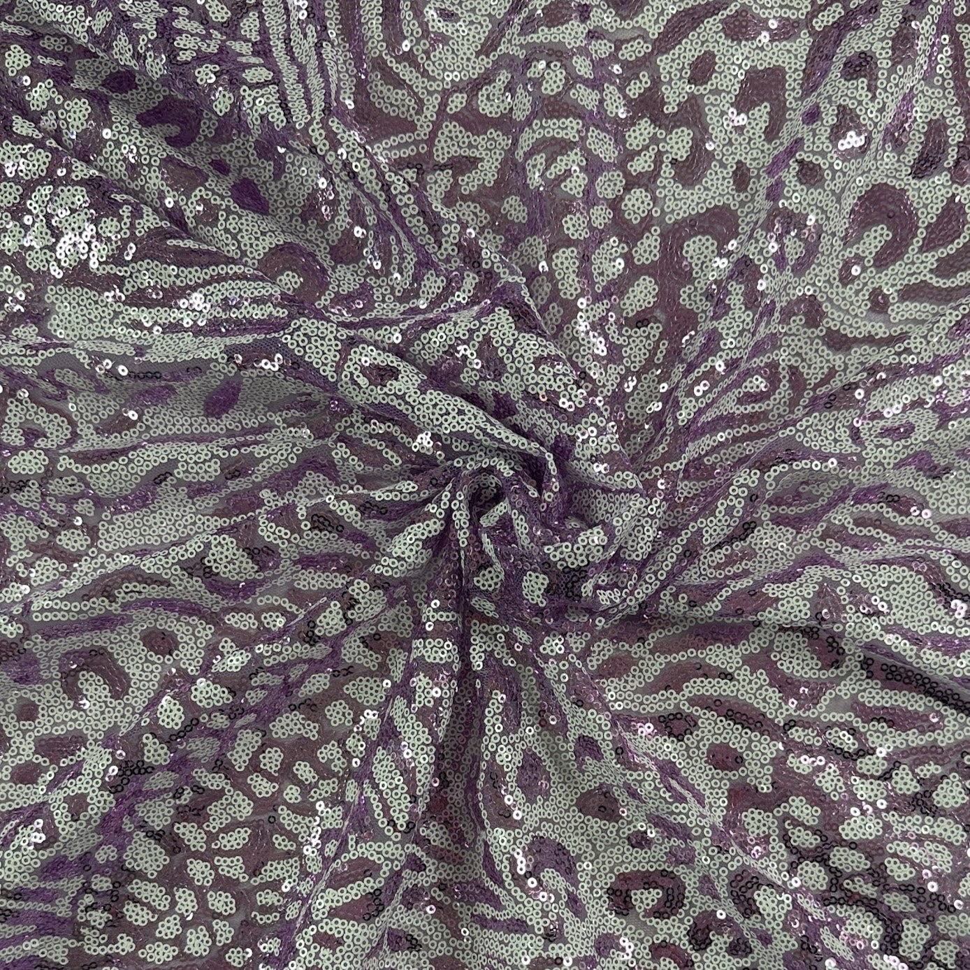 13" Remnant - White & Purple Design - Sequin Fabric - Film Studio Deadstock