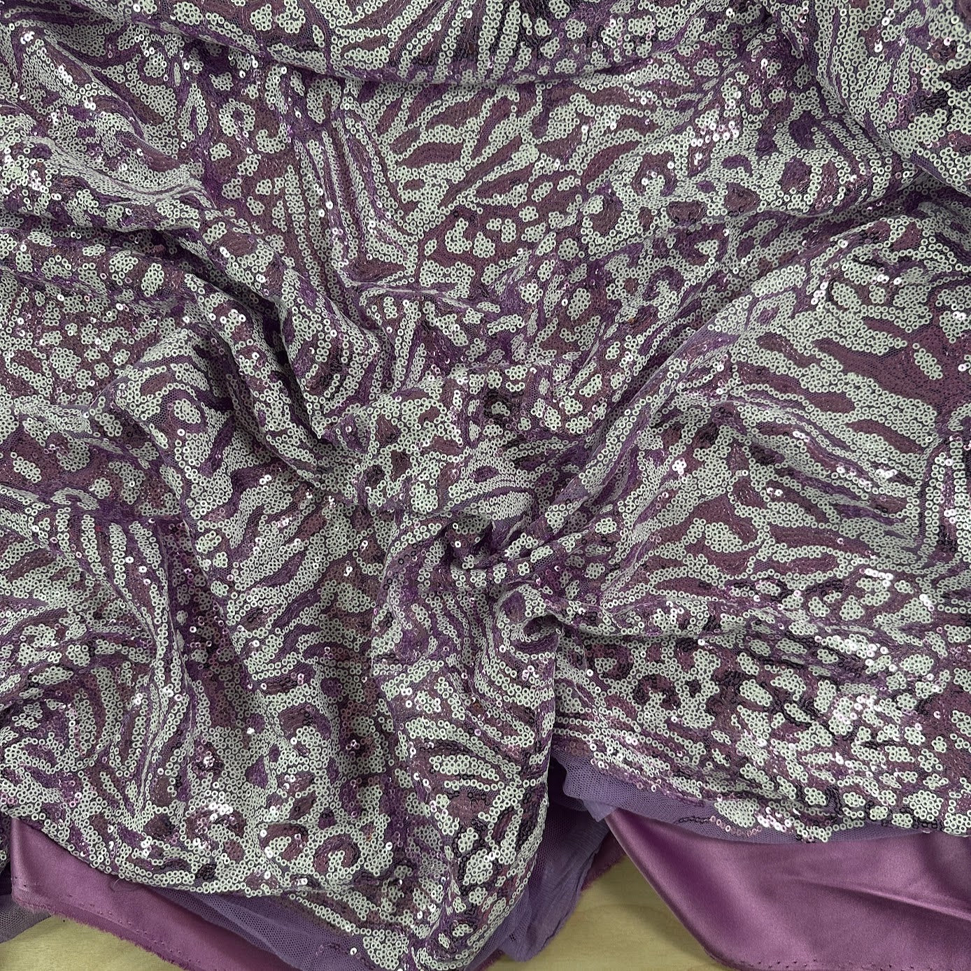 13" Remnant - White & Purple Design - Sequin Fabric - Film Studio Deadstock