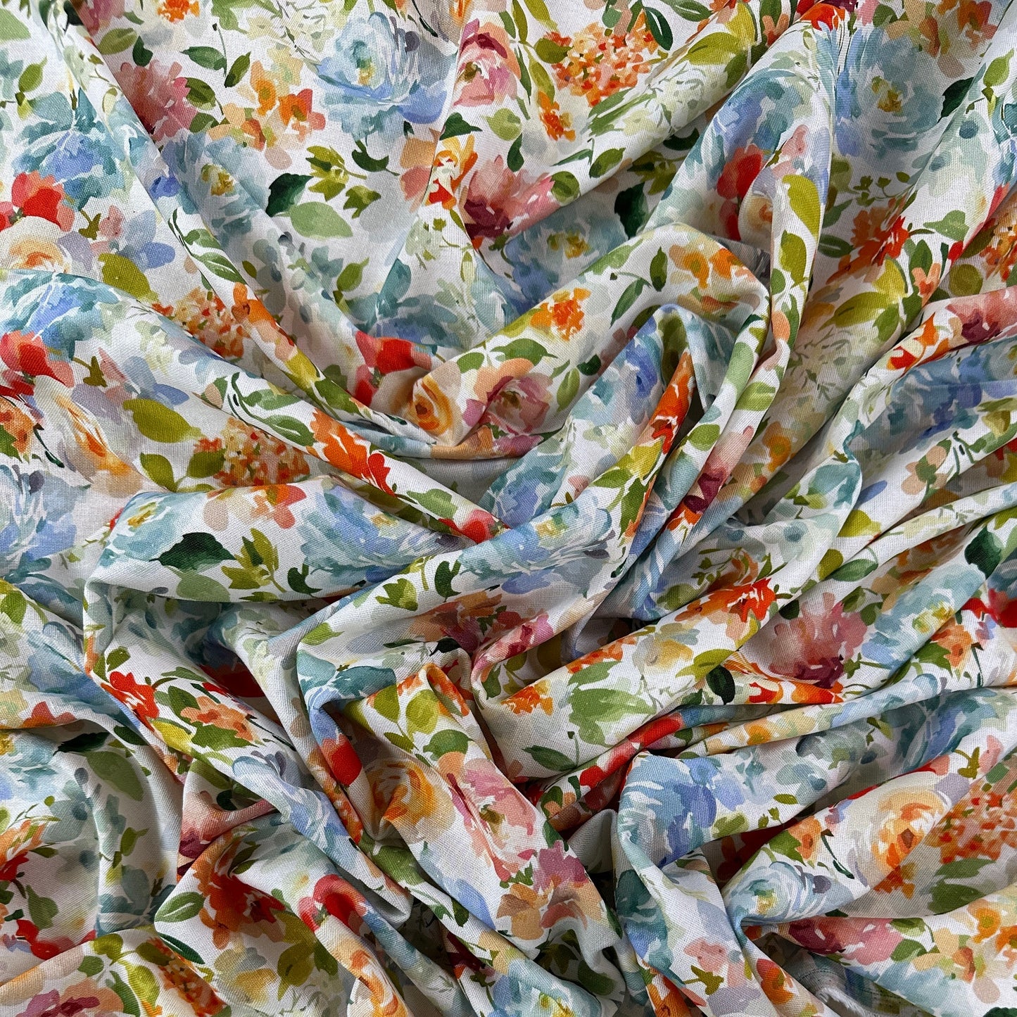 15" Remnant - Watercolour Florals - White, Blue & Multi - Linen Blend Slub