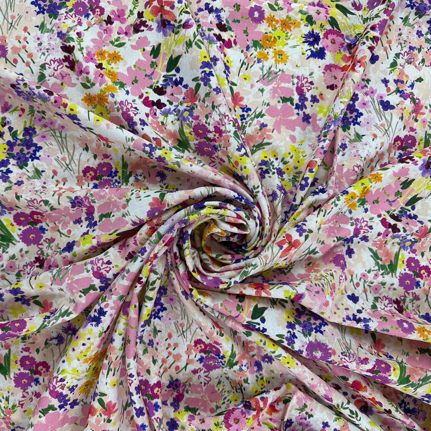 Watercolour Florals - Pink & Multi - Linen Blend Slub
