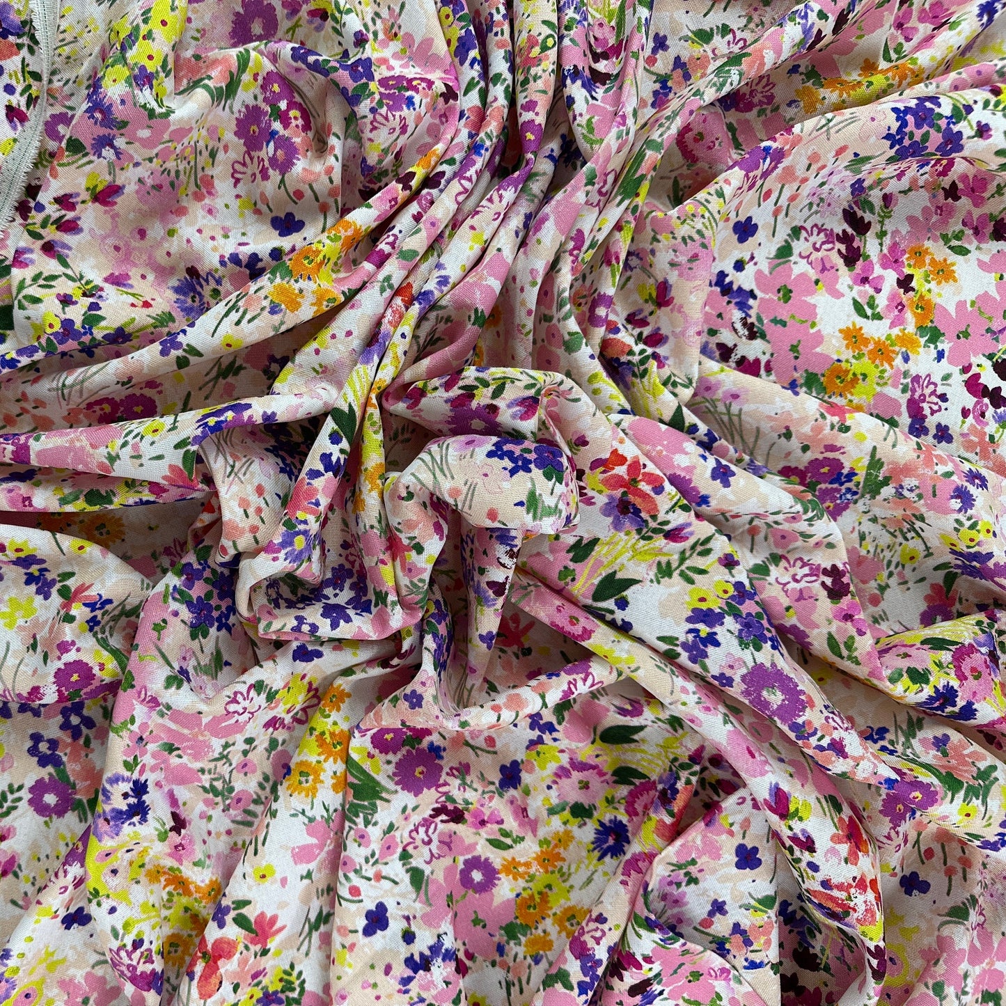 Watercolour Florals - Pink & Multi - Linen Blend Slub