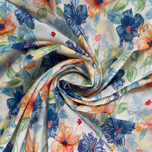 White & Blue Floral  - Viscose Rayon Stretch Slub