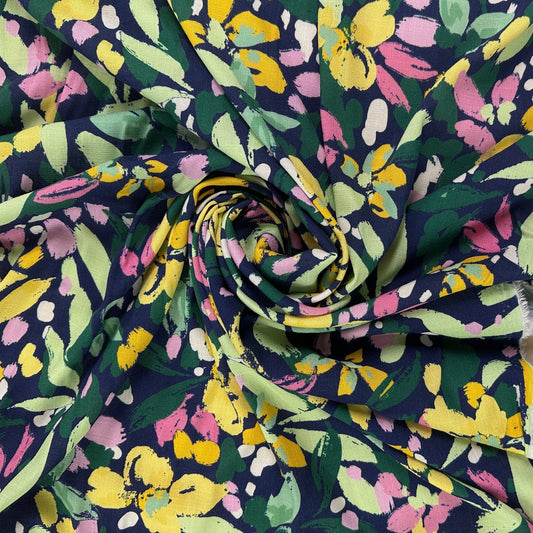 Navy & Yellow Abstract Floral  - Viscose Rayon Stretch Slub