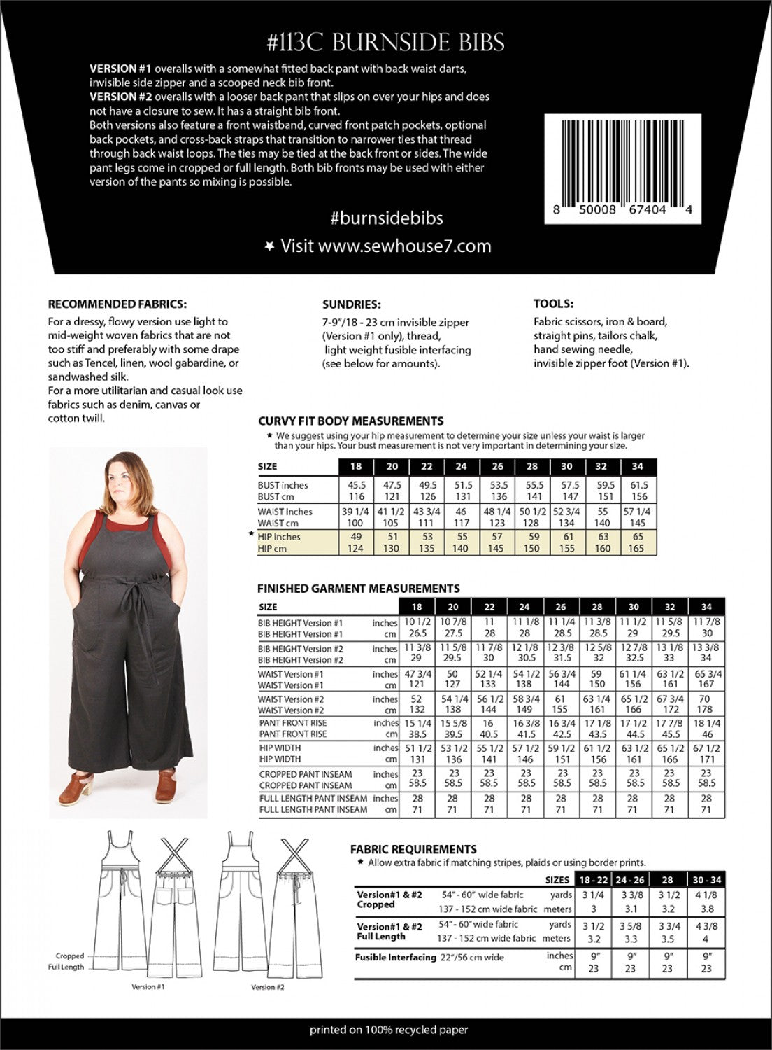 Sew House Seven - Burnside Bib Overalls Curvy Sizes 18-34 Sewing Pattern