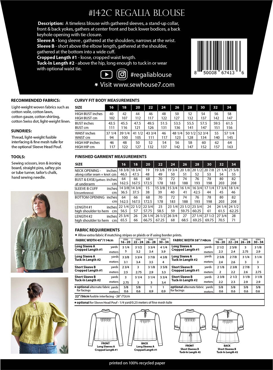 Sew House Seven - Regalia Blouse - sizes 16-34