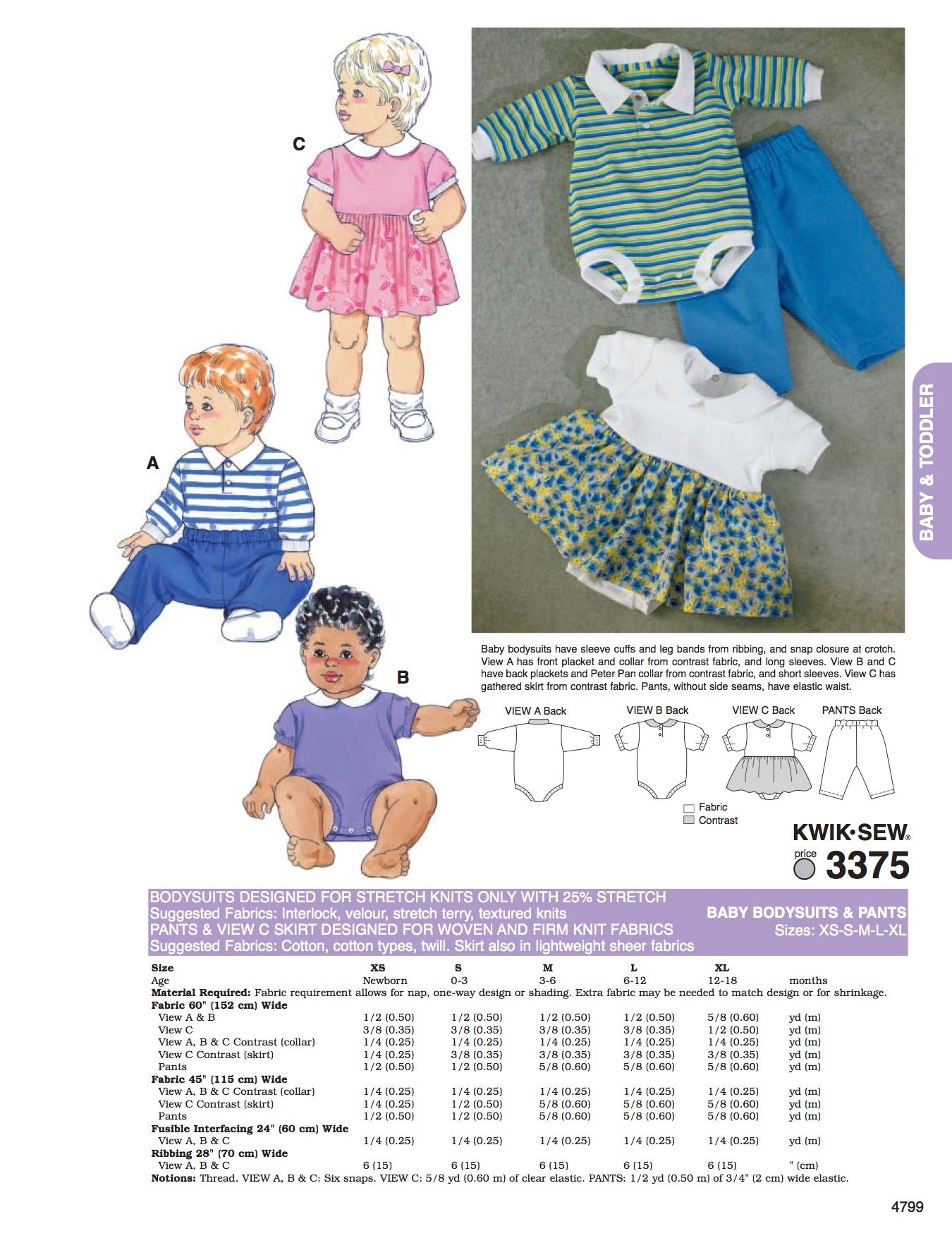 Kwik Sew - K3375 Infants' Baby bodysuit (onsie) and pants (sizes newborn to 18 months )