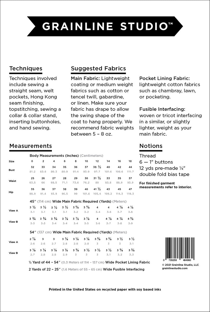 The Cortland Trench Pattern - Size 0-18 - Grainline Studio