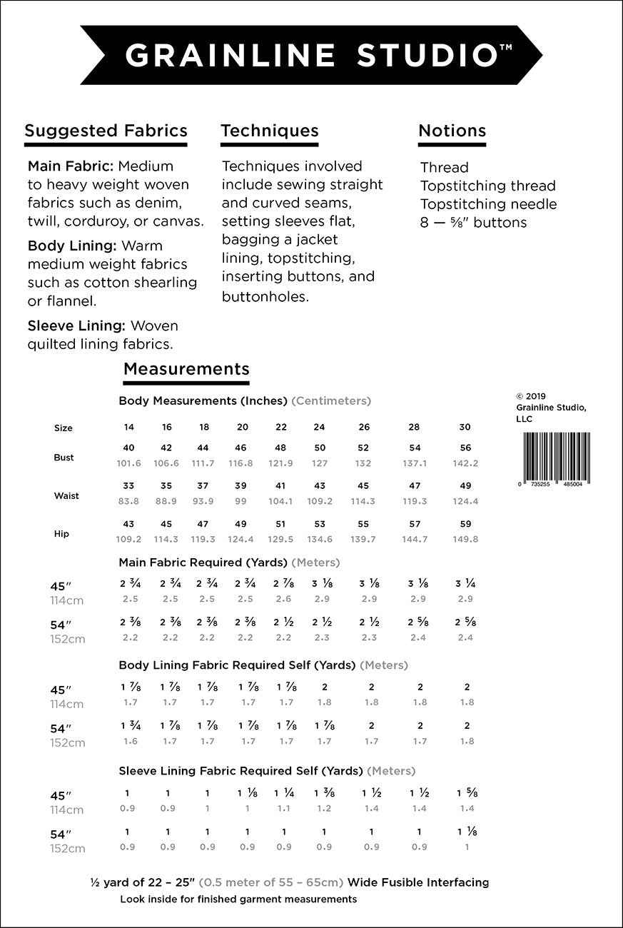 The Thayer Jacket Pattern - Size 14-30 - Grainline Studio