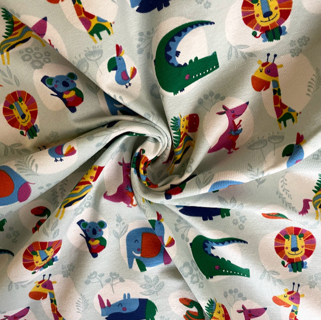 Happy Animals - Minty Blue - European Import Cotton Jersey Knit