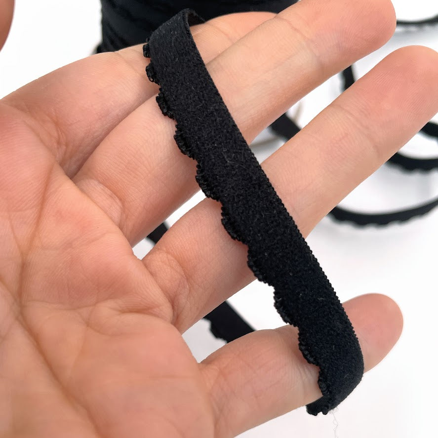 10mm (3/8'') Velvet plush-backed picotee  lingerie elastic - Nylon / Spandex - Black