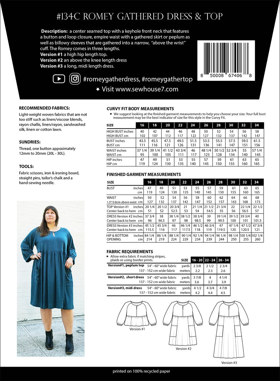 Sew House Seven - Romey Dress & Top Sewing Pattern Curvy Fit 16-34