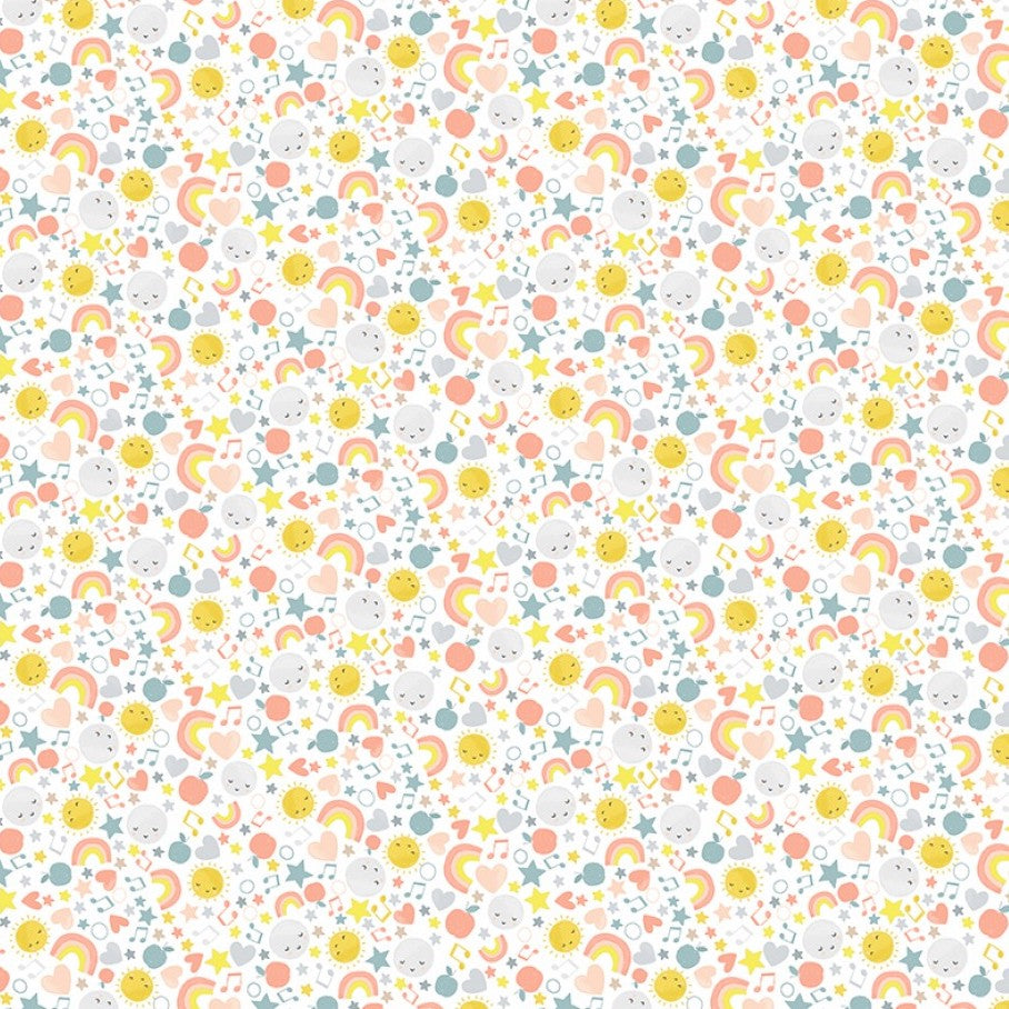 Shine Bright Little One - Rainbow, Stars, Music Notes - White - Cotton Fabric