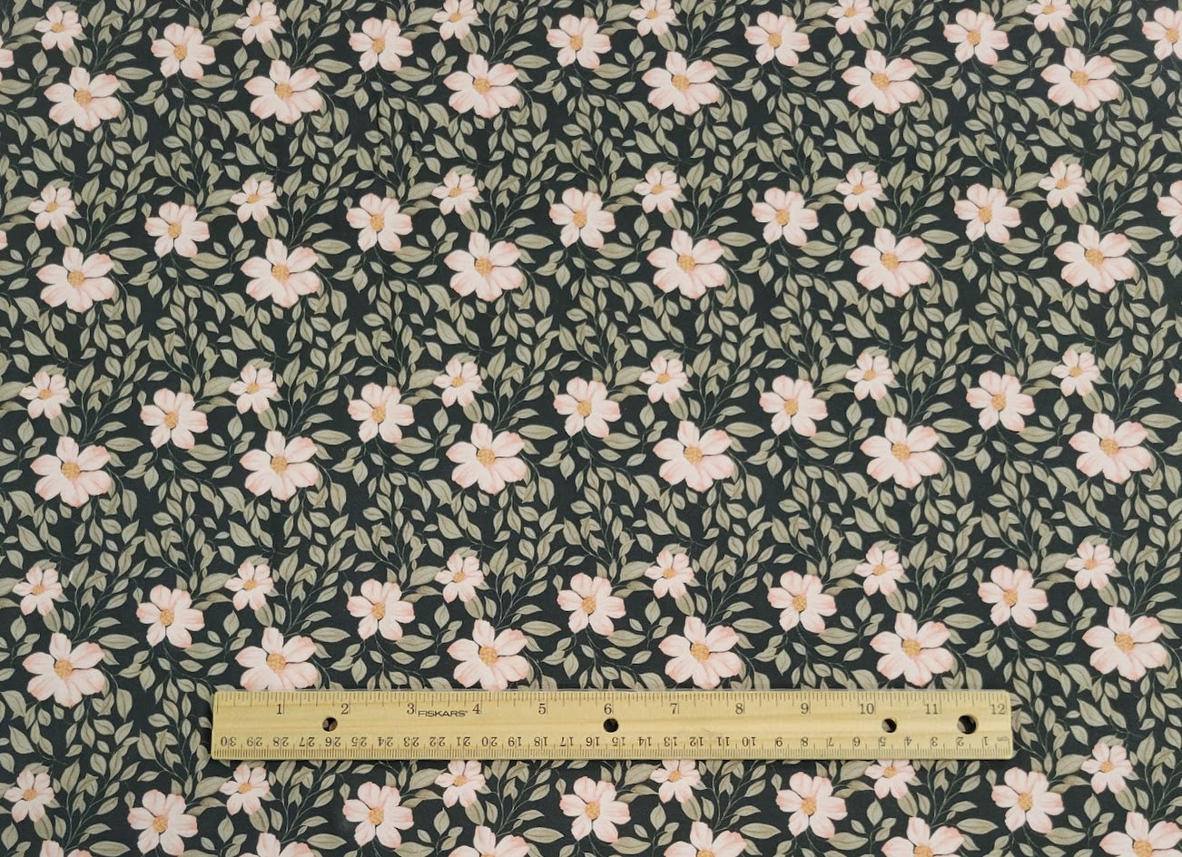 Peach Flowers - Small print - Dark Green - Cotton Jersey Knit