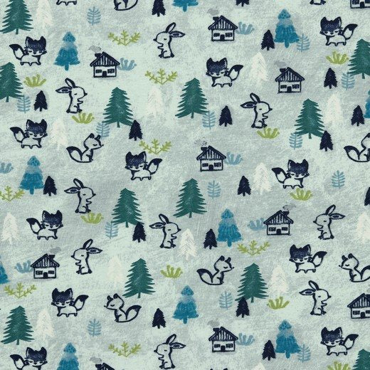 35" Remannt - Woodland Animals - Blue - GOTS Certified Organic Cotton Jersey Knit