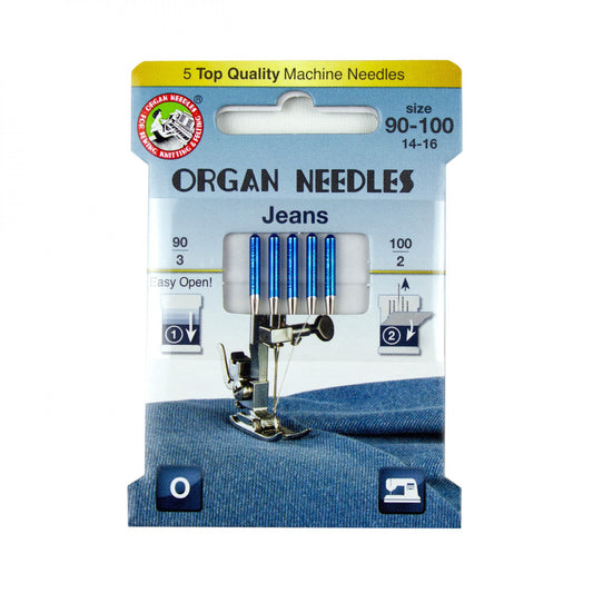 ORGAN Brand Needles Jeans Assorted Sizes (3ea 90/14, 2ea 100/16) - 5 count