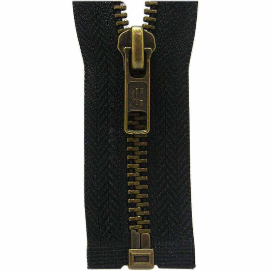#5 Open Ended One Way Separating Jacket Zipper - 60cm (24″) No. 5 - Black & Antique Brass