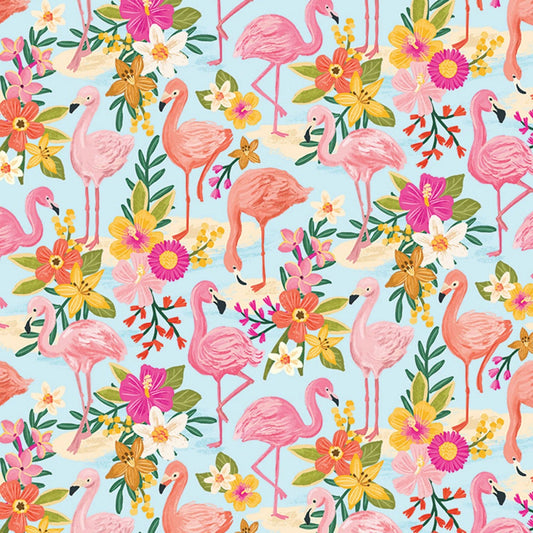 Tropical Flamingos - Aqua - Cotton Fabric