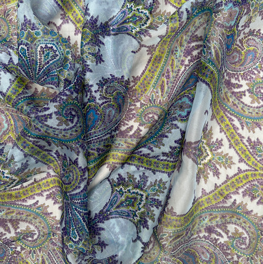 Silk Chiffon - Purple & Blue Paisley Print - Deadstock - 10mm