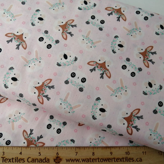 Woven Cotton Fabric - Floral Menagerie - Animals on Pink