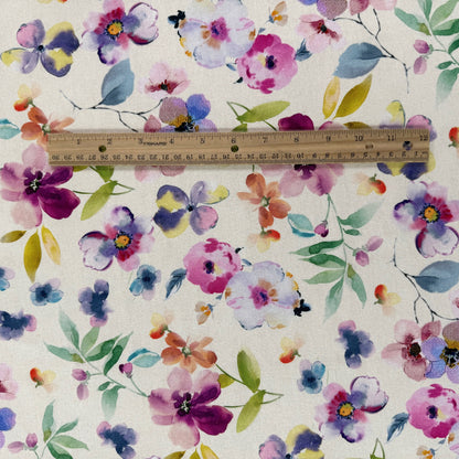 Watercolour Florals - Purple, Blue & Ivory -  Linen Blend Slub