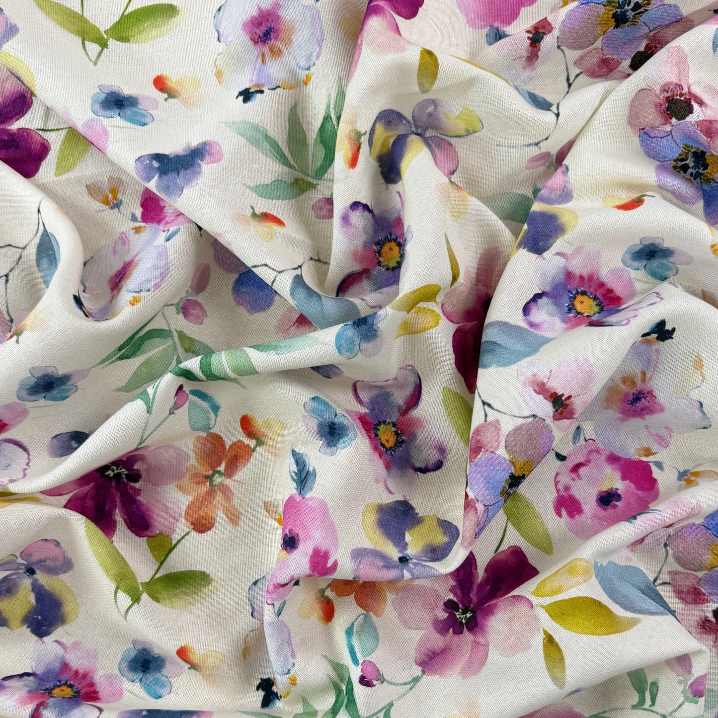 Watercolour Florals - Purple, Blue & Ivory -  Linen Blend Slub