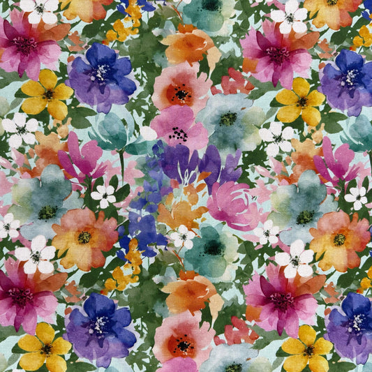 Watercolour Florals - Green, Pink & Orange -  Linen Blend Slub