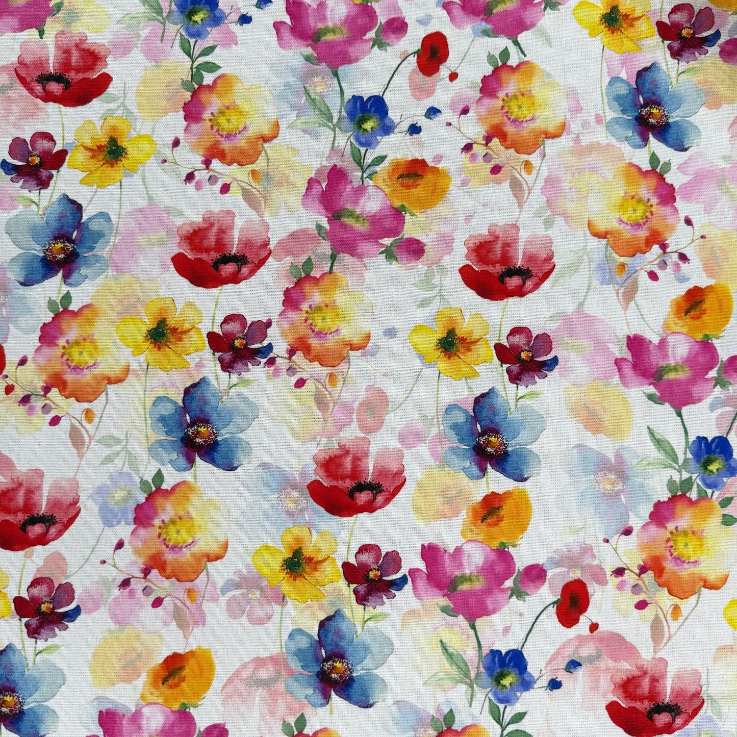 Watercolour Poppies - Yellow, Pink & Ivory -  Linen Blend Slub