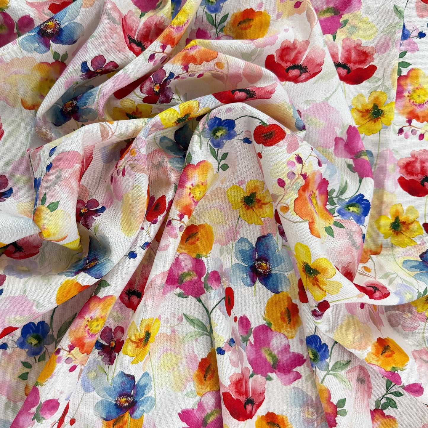 Watercolour Poppies - Yellow, Pink & Ivory -  Linen Blend Slub