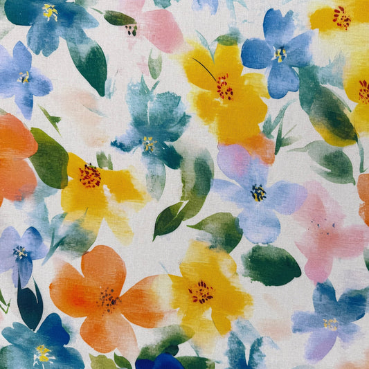 Large Watercolour Florals - Orange, Blue & Ivory -  Linen Blend Slub