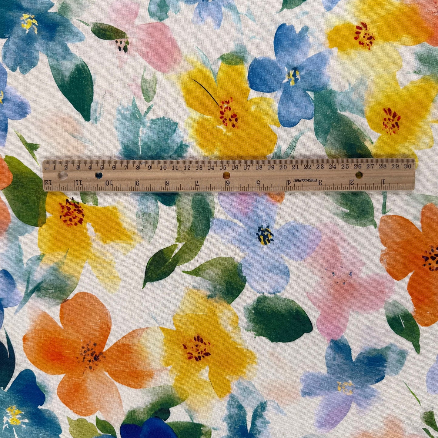 Large Watercolour Florals - Orange, Blue & Ivory -  Linen Blend Slub