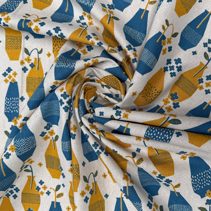 Cotton Linen Fabric - Blue & Yellow Vases -  Sevenberry - Handworks