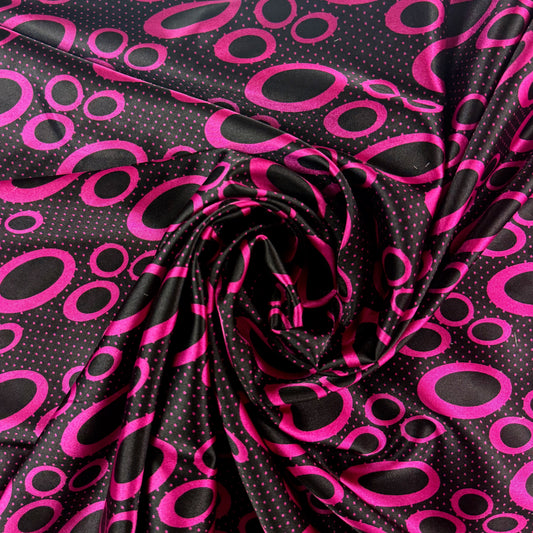 Stretch Polyester Satin  - Magenta & Black Circles - Deadstock