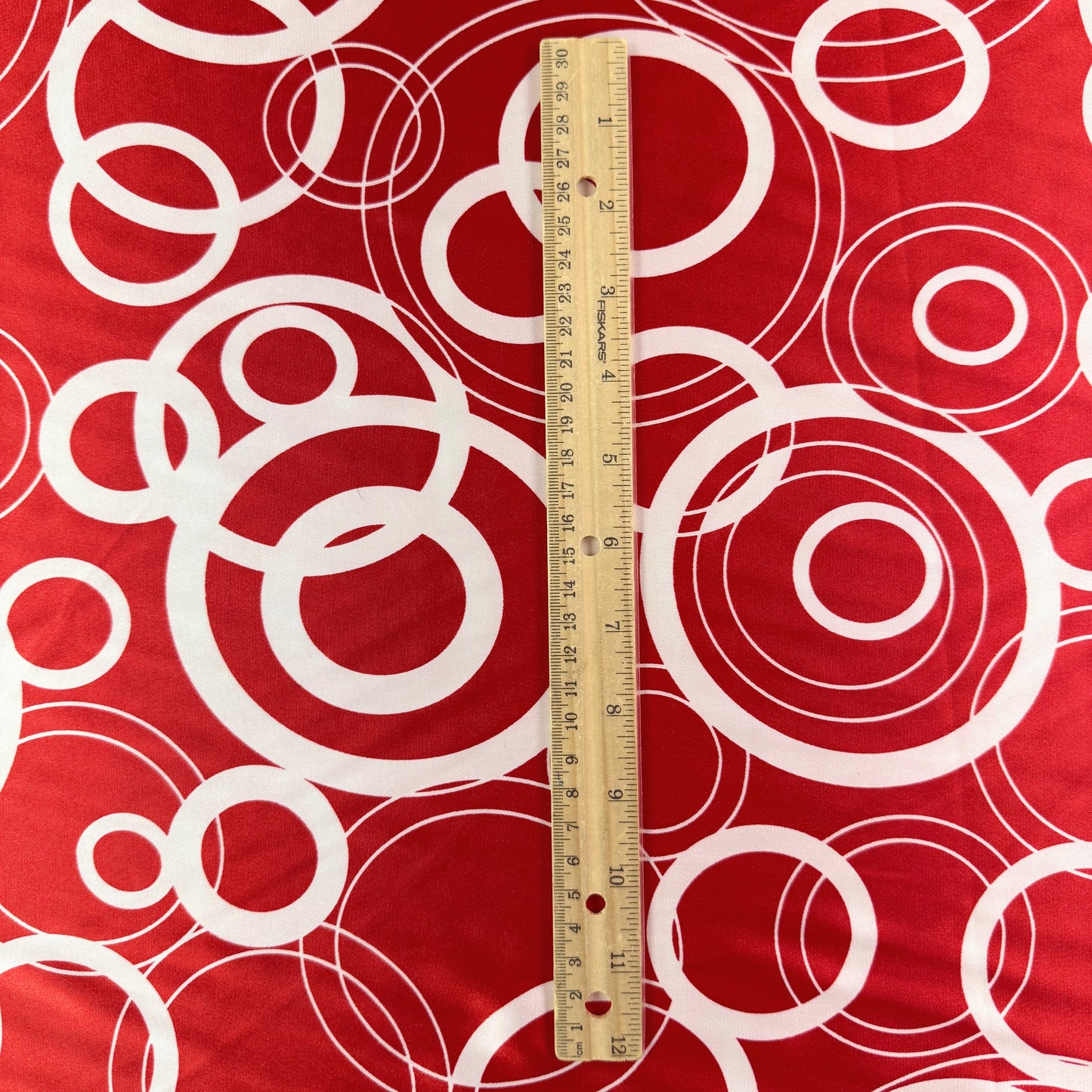 Stretch Polyester Satin  - White & Red Circles - Deadstock