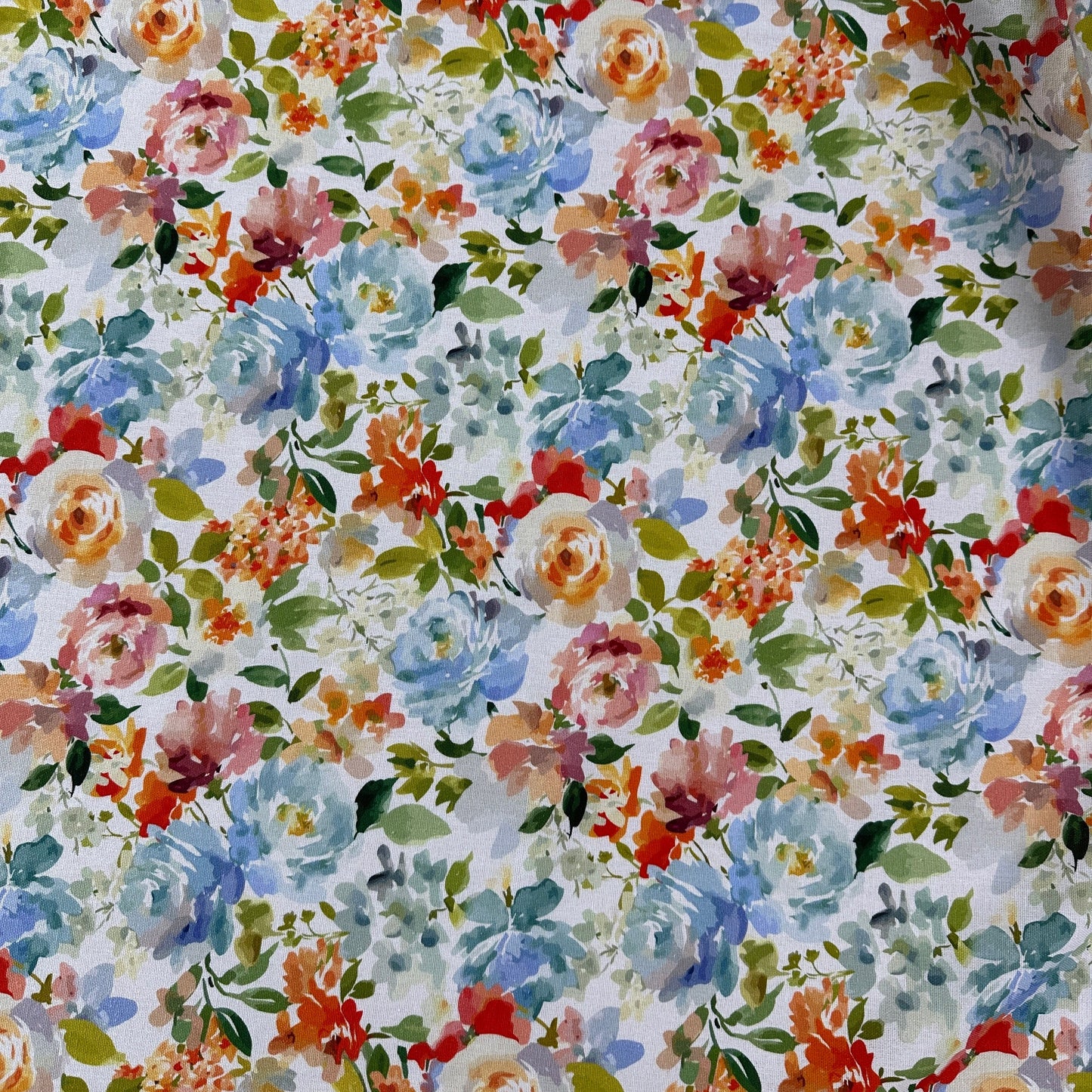 15" Remnant - Watercolour Florals - White, Blue & Multi - Linen Blend Slub
