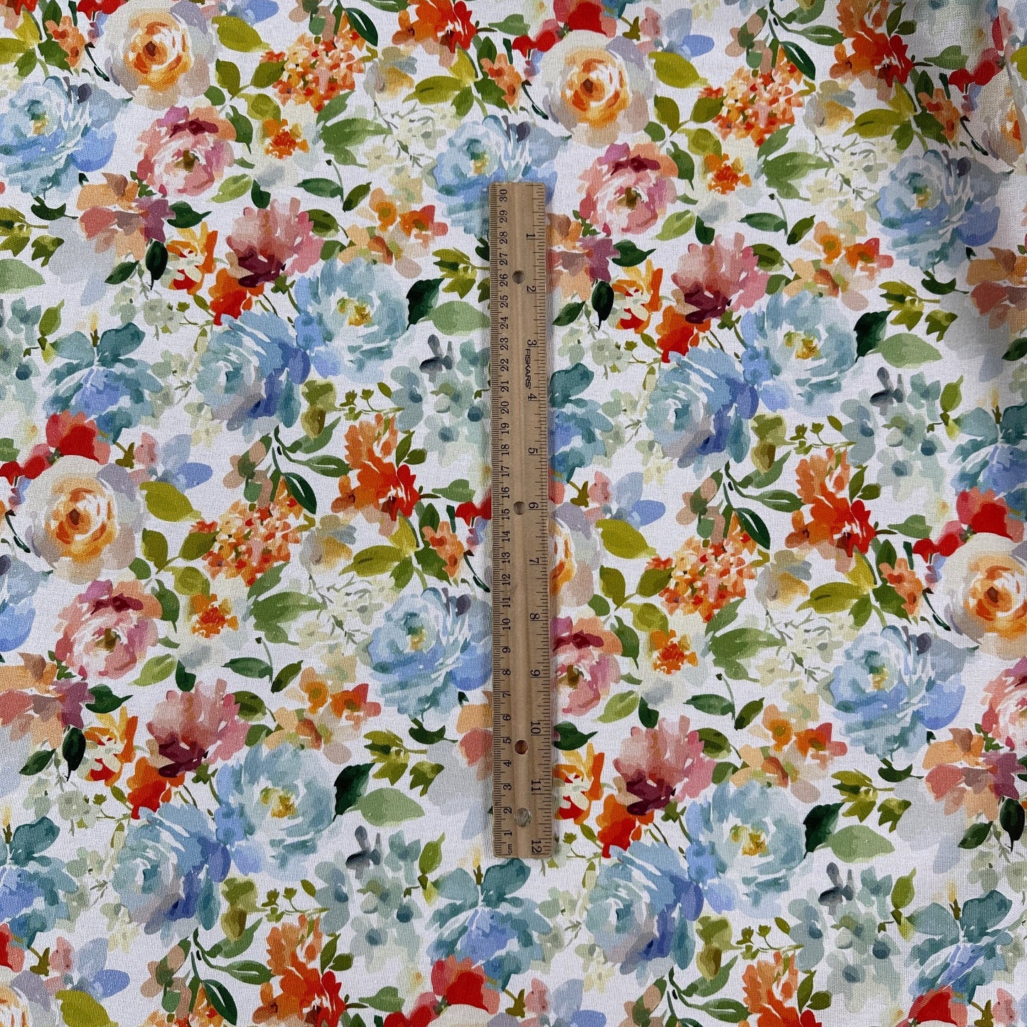 15" Remnant - Watercolour Florals - White, Blue & Multi - Linen Blend Slub