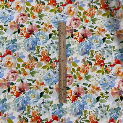 15" Remnant - Watercolour Florals - White, Blue & Multi - Linen Blend Slub