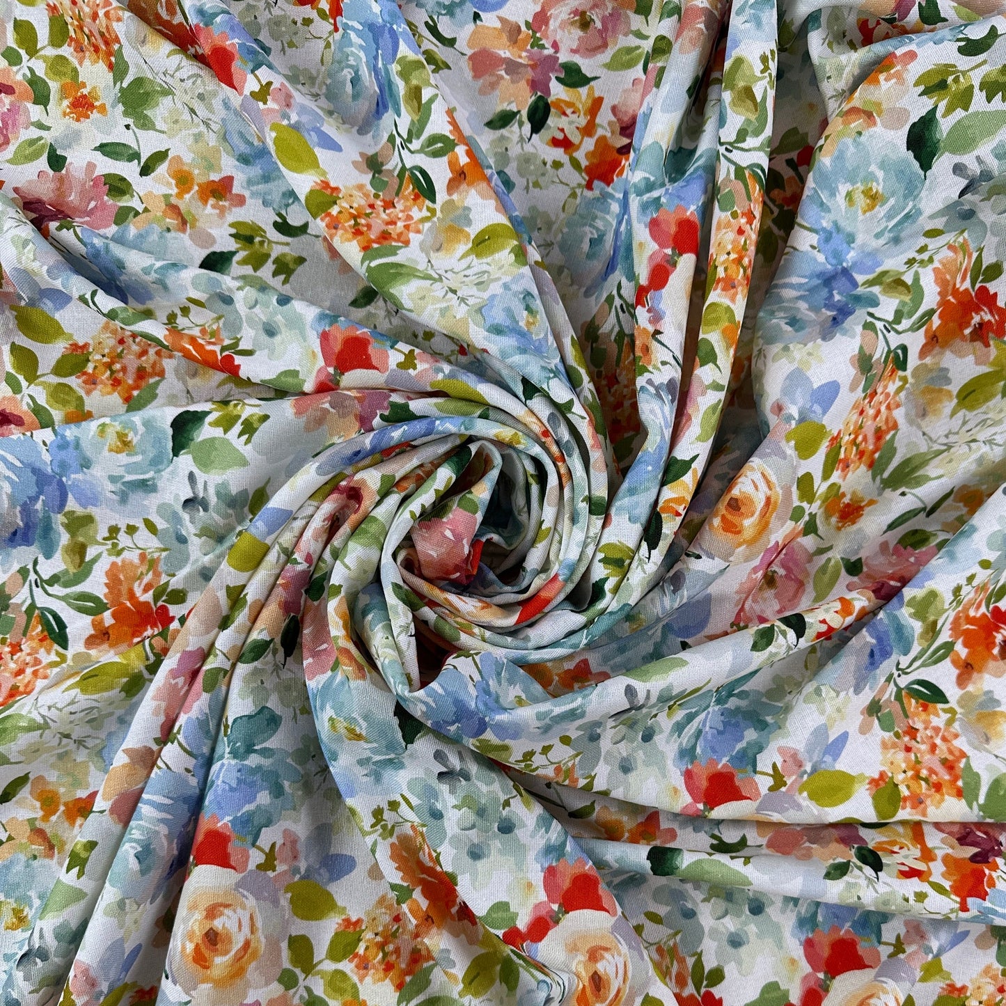 15" Remnant - Watercolour Florals - White, Blue & Multi - Linen Blend Slub
