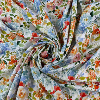 15" Remnant - Watercolour Florals - White, Blue & Multi - Linen Blend Slub