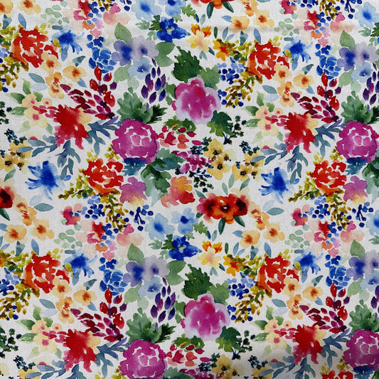 Watercolour Florals - White, Pink & Blue - Linen Blend Slub