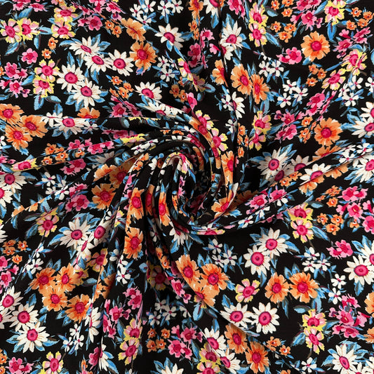 Black & Coral Floral - Viscose Rayon Crepon