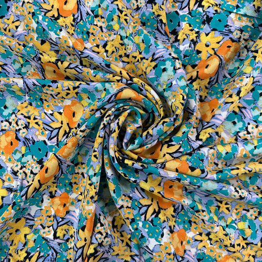 Abstract Floral - Turquoise & Orange - Rayon Challis