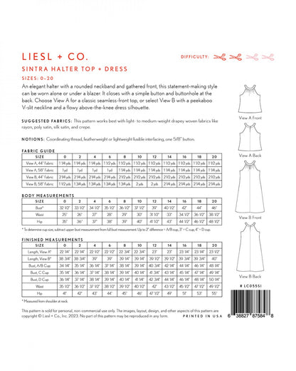 Liesl + Co - Sintra Halter Top & Dress Sewing Pattern