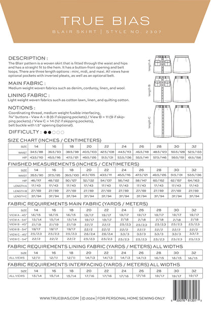 Blair Skirt - 14- 32 - By True Bias Patterns