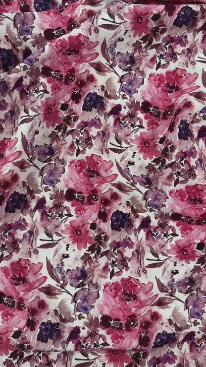Watercolour Florals - White, Pink & Purple -  Linen Blend Slub