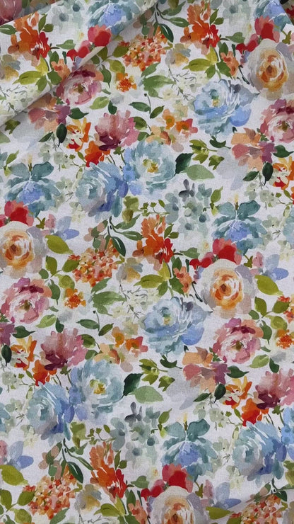 15" Remnant - Watercolour Florals - White, Blue & Multi - Linen Blend Slub