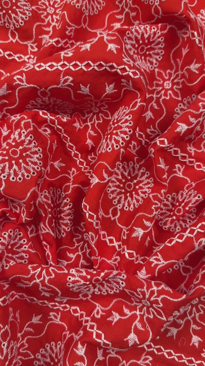 Red & Ivory - Cotton Eyelet Embroidery