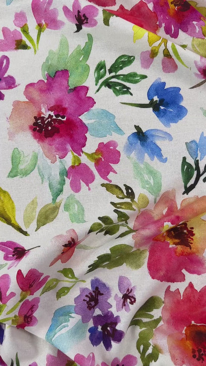 Large Watercolour Florals - Pink, Purple & Ivory -  Linen Blend Slub